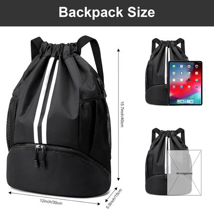 Sports Drawstring Backpack - Swim Gym Bag for Women and Men | String Bag with Shoes Compartment & Wet Proof Pocket, Adjustable Wider Shoulder Strap, For Soccer, Basketball