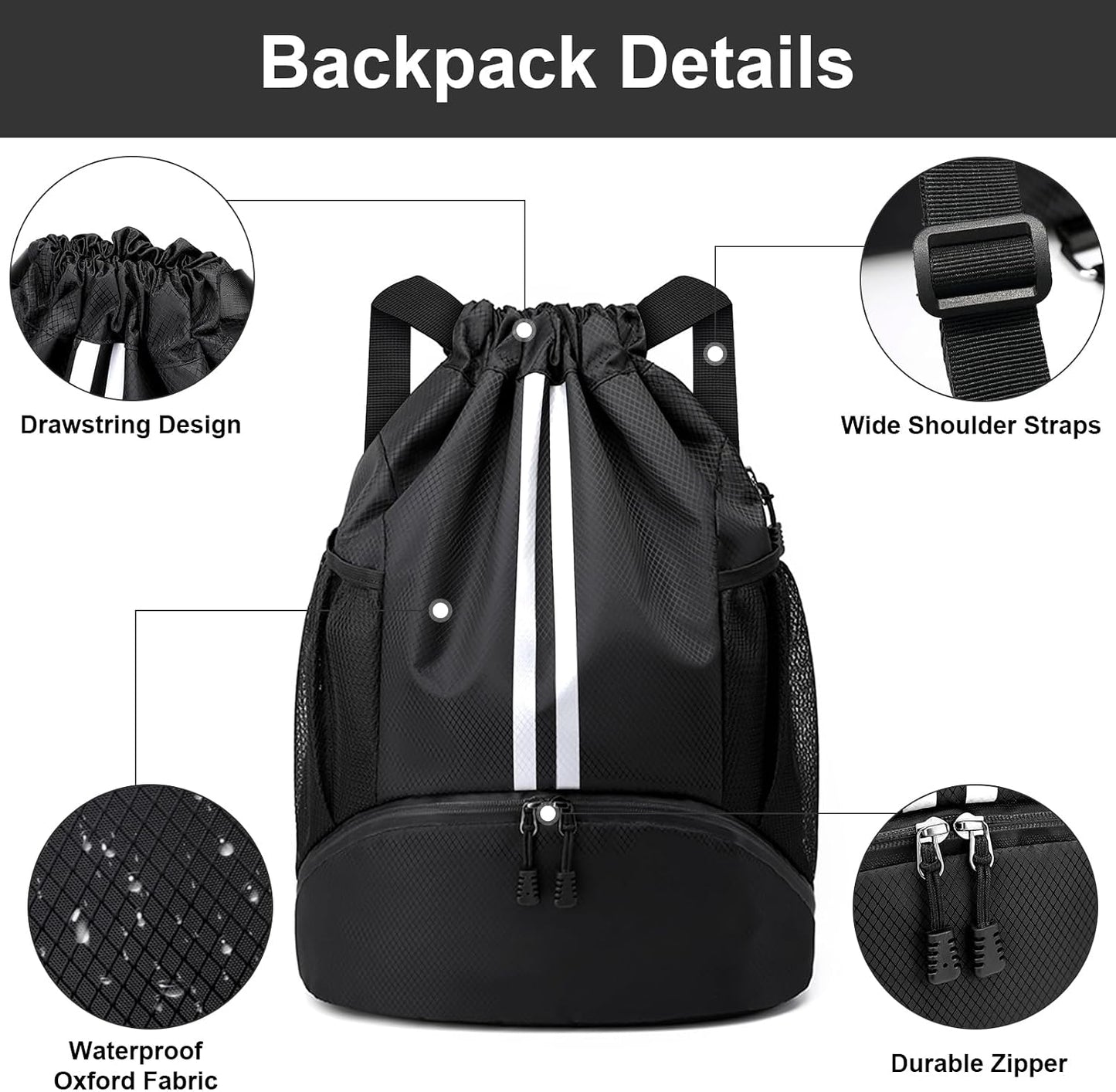 Sports Drawstring Backpack - Swim Gym Bag for Women and Men | String Bag with Shoes Compartment & Wet Proof Pocket, Adjustable Wider Shoulder Strap, For Soccer, Basketball