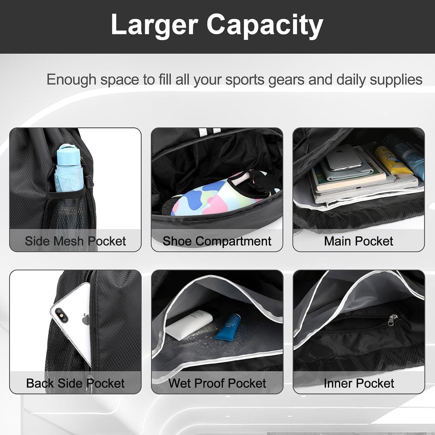 Sports Drawstring Backpack - Swim Gym Bag for Women and Men | String Bag with Shoes Compartment & Wet Proof Pocket, Adjustable Wider Shoulder Strap, For Soccer, Basketball