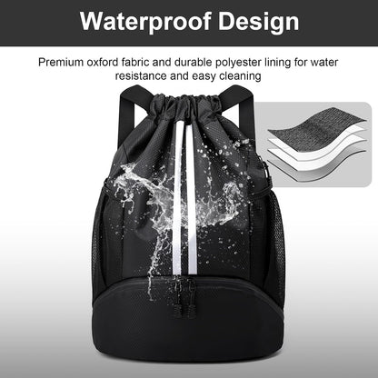 Sports Drawstring Backpack - Swim Gym Bag for Women and Men | String Bag with Shoes Compartment & Wet Proof Pocket, Adjustable Wider Shoulder Strap, For Soccer, Basketball