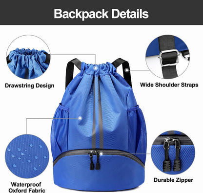 Sports Drawstring Backpack - Swim Gym Bag for Women and Men | String Bag with Shoes Compartment & Wet Proof Pocket, Adjustable Wider Shoulder Strap, For Soccer, Basketball