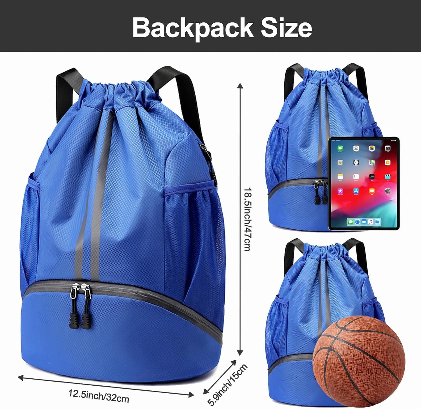 Sports Drawstring Backpack - Swim Gym Bag for Women and Men | String Bag with Shoes Compartment & Wet Proof Pocket, Adjustable Wider Shoulder Strap, For Soccer, Basketball
