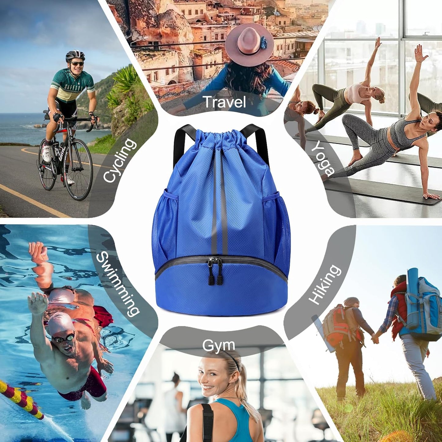 Sports Drawstring Backpack - Swim Gym Bag for Women and Men | String Bag with Shoes Compartment & Wet Proof Pocket, Adjustable Wider Shoulder Strap, For Soccer, Basketball