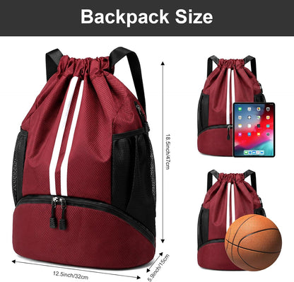 Sports Drawstring Backpack - Swim Gym Bag for Women and Men | String Bag with Shoes Compartment & Wet Proof Pocket, Adjustable Wider Shoulder Strap, For Soccer, Basketball