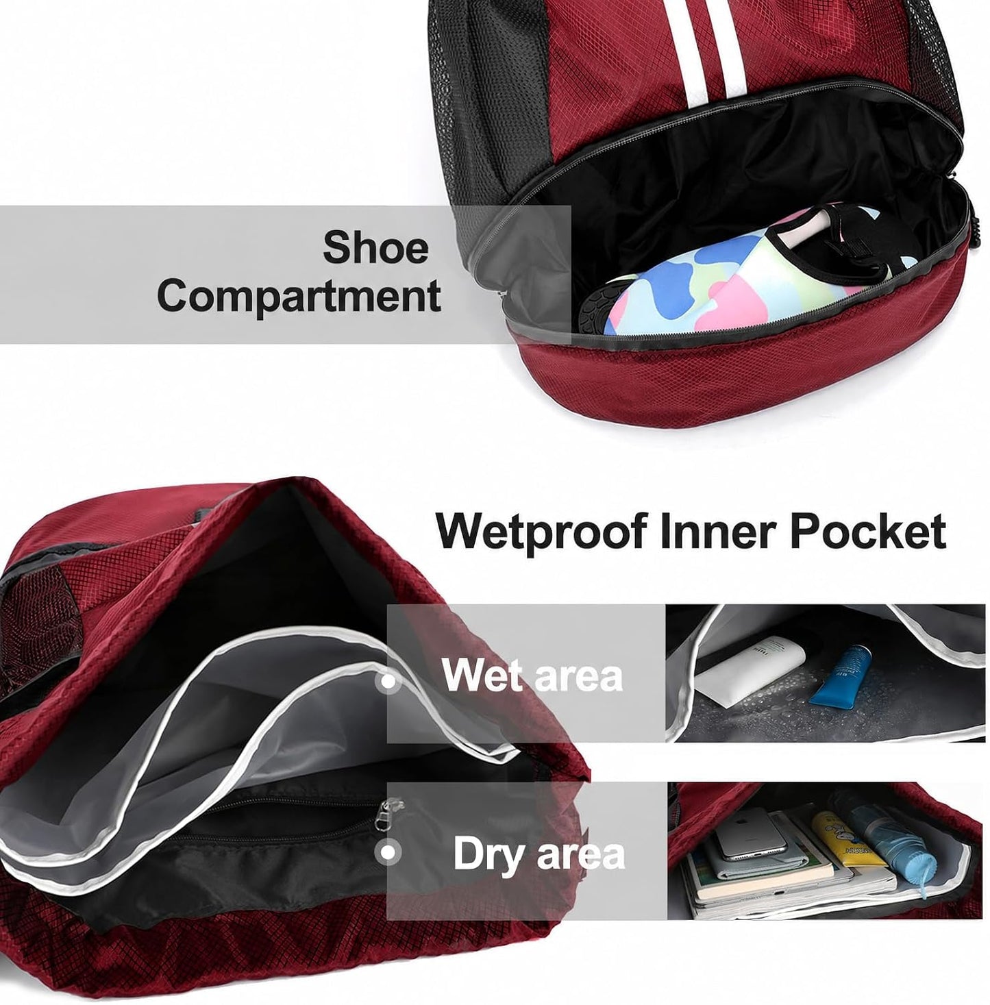 Sports Drawstring Backpack - Swim Gym Bag for Women and Men | String Bag with Shoes Compartment & Wet Proof Pocket, Adjustable Wider Shoulder Strap, For Soccer, Basketball