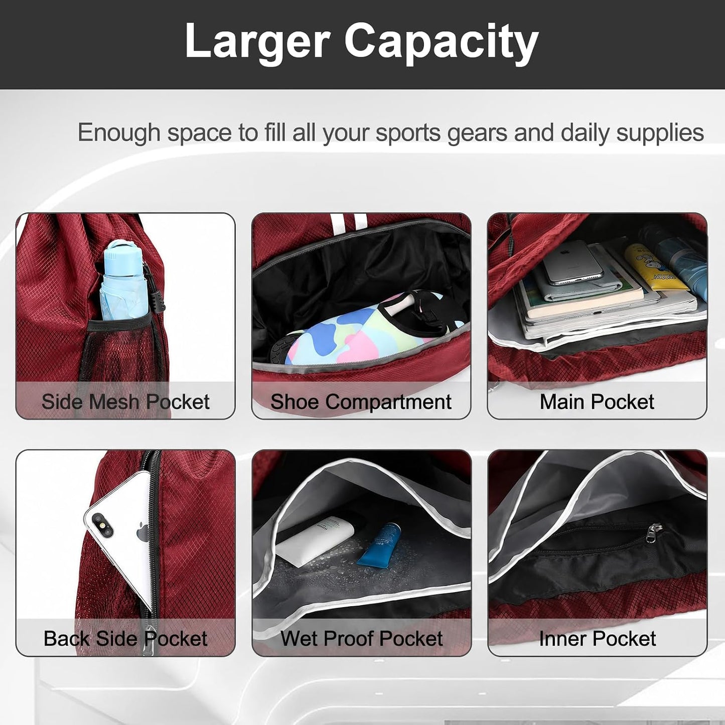 Sports Drawstring Backpack - Swim Gym Bag for Women and Men | String Bag with Shoes Compartment & Wet Proof Pocket, Adjustable Wider Shoulder Strap, For Soccer, Basketball