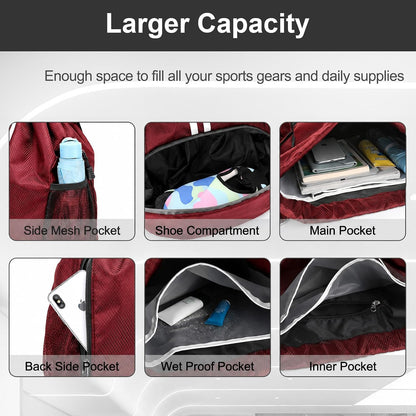 Sports Drawstring Backpack - Swim Gym Bag for Women and Men | String Bag with Shoes Compartment & Wet Proof Pocket, Adjustable Wider Shoulder Strap, For Soccer, Basketball