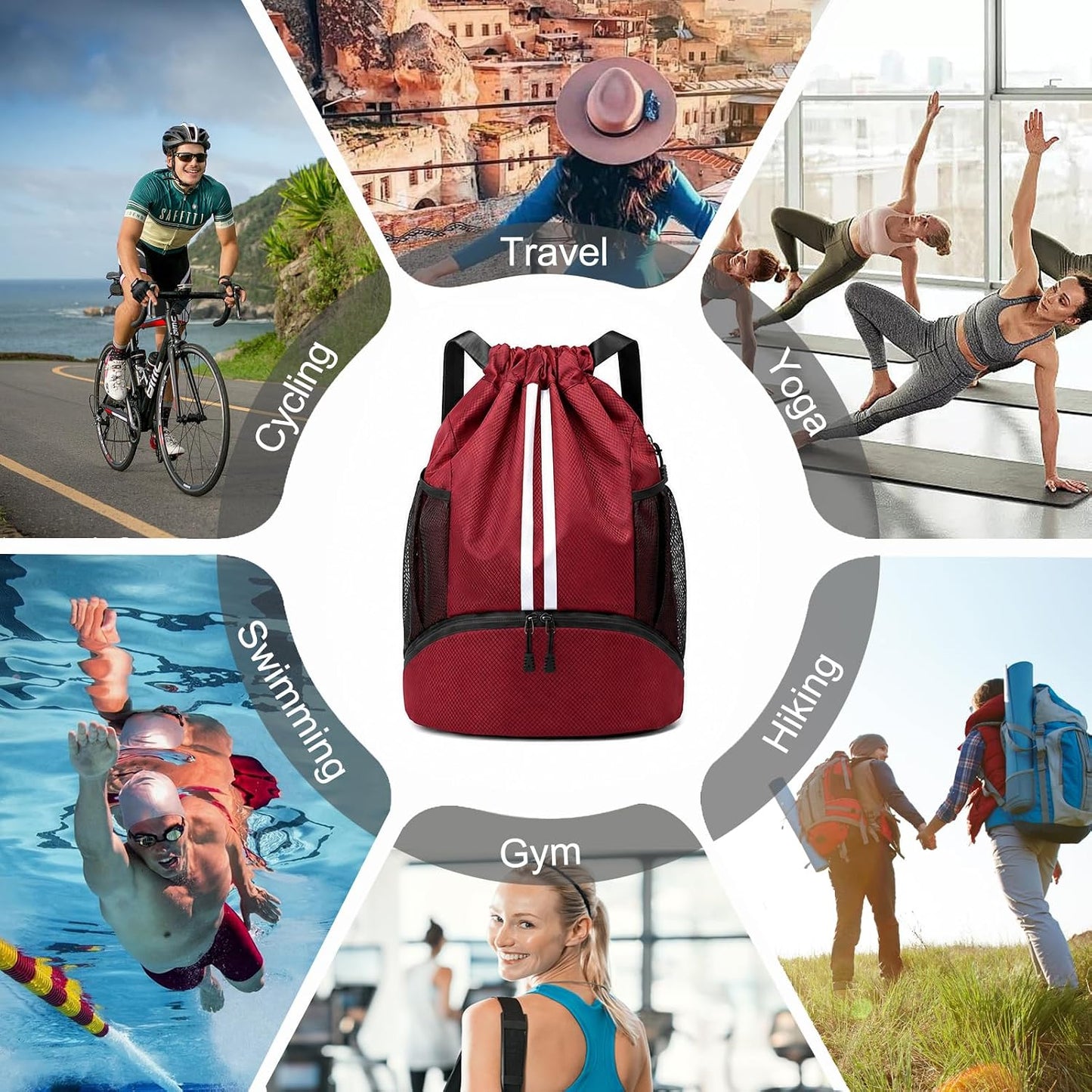 Sports Drawstring Backpack - Swim Gym Bag for Women and Men | String Bag with Shoes Compartment & Wet Proof Pocket, Adjustable Wider Shoulder Strap, For Soccer, Basketball