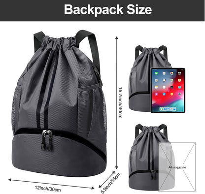 Sports Drawstring Backpack - Swim Gym Bag for Women and Men | String Bag with Shoes Compartment & Wet Proof Pocket, Adjustable Wider Shoulder Strap, For Soccer, Basketball