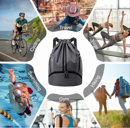 Sports Drawstring Backpack - Swim Gym Bag for Women and Men | String Bag with Shoes Compartment & Wet Proof Pocket, Adjustable Wider Shoulder Strap, For Soccer, Basketball