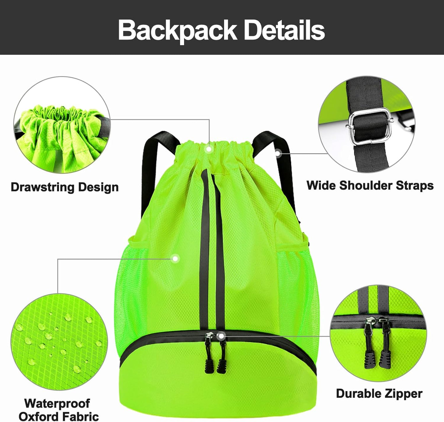 Sports Drawstring Backpack - Swim Gym Bag for Women and Men | String Bag with Shoes Compartment & Wet Proof Pocket, Adjustable Wider Shoulder Strap, For Soccer, Basketball