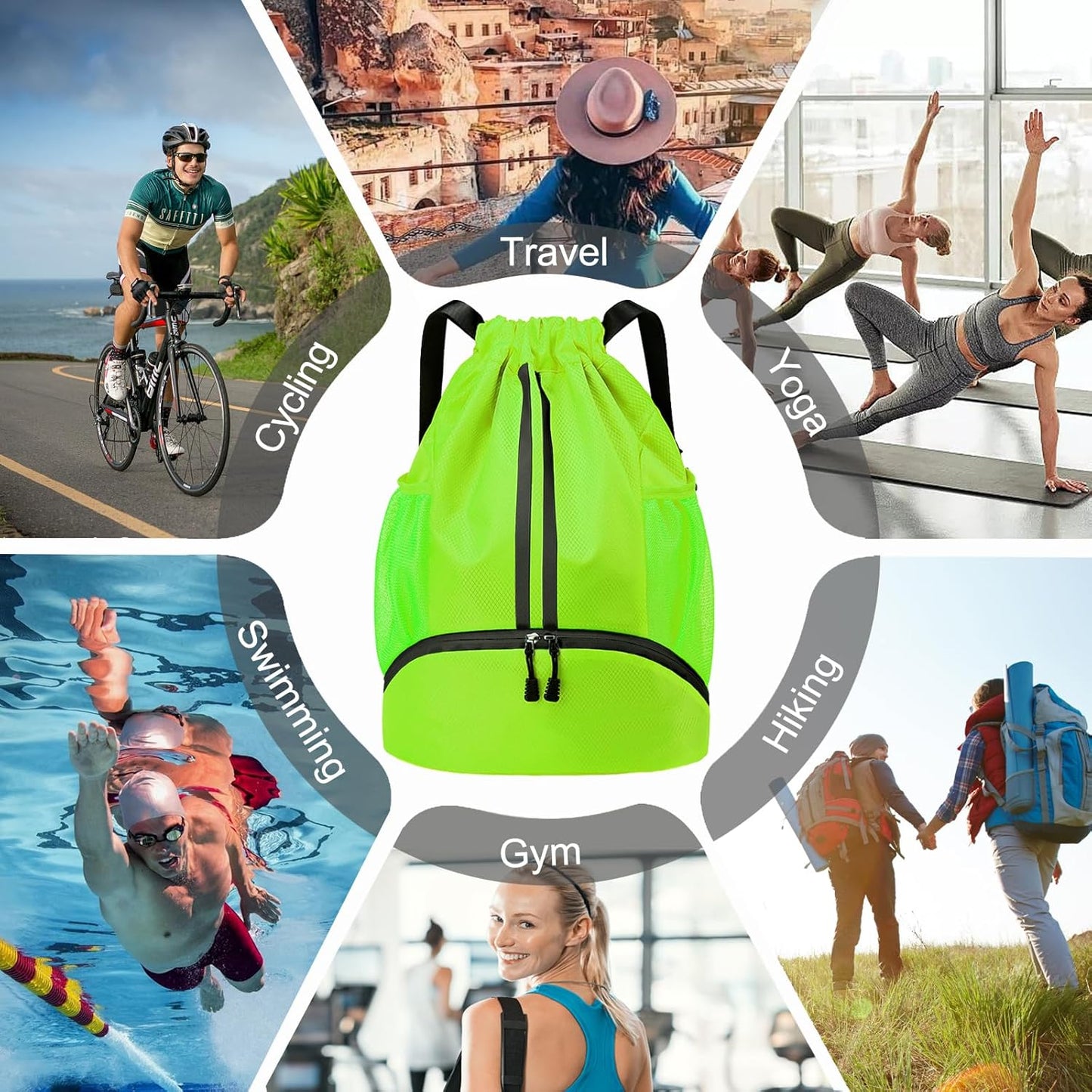 Sports Drawstring Backpack - Swim Gym Bag for Women and Men | String Bag with Shoes Compartment & Wet Proof Pocket, Adjustable Wider Shoulder Strap, For Soccer, Basketball