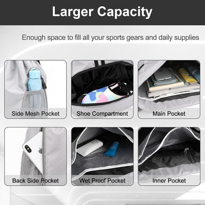 Sports Drawstring Backpack - Swim Gym Bag for Women and Men | String Bag with Shoes Compartment & Wet Proof Pocket, Adjustable Wider Shoulder Strap, For Soccer, Basketball