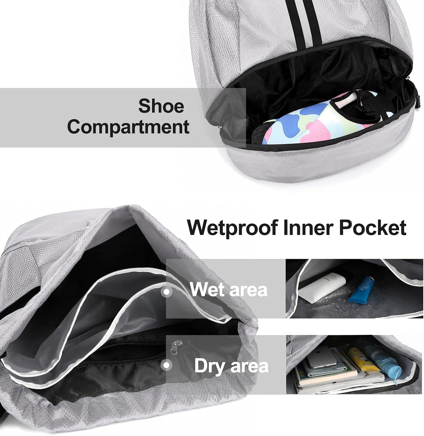 Sports Drawstring Backpack - Swim Gym Bag for Women and Men | String Bag with Shoes Compartment & Wet Proof Pocket, Adjustable Wider Shoulder Strap, For Soccer, Basketball