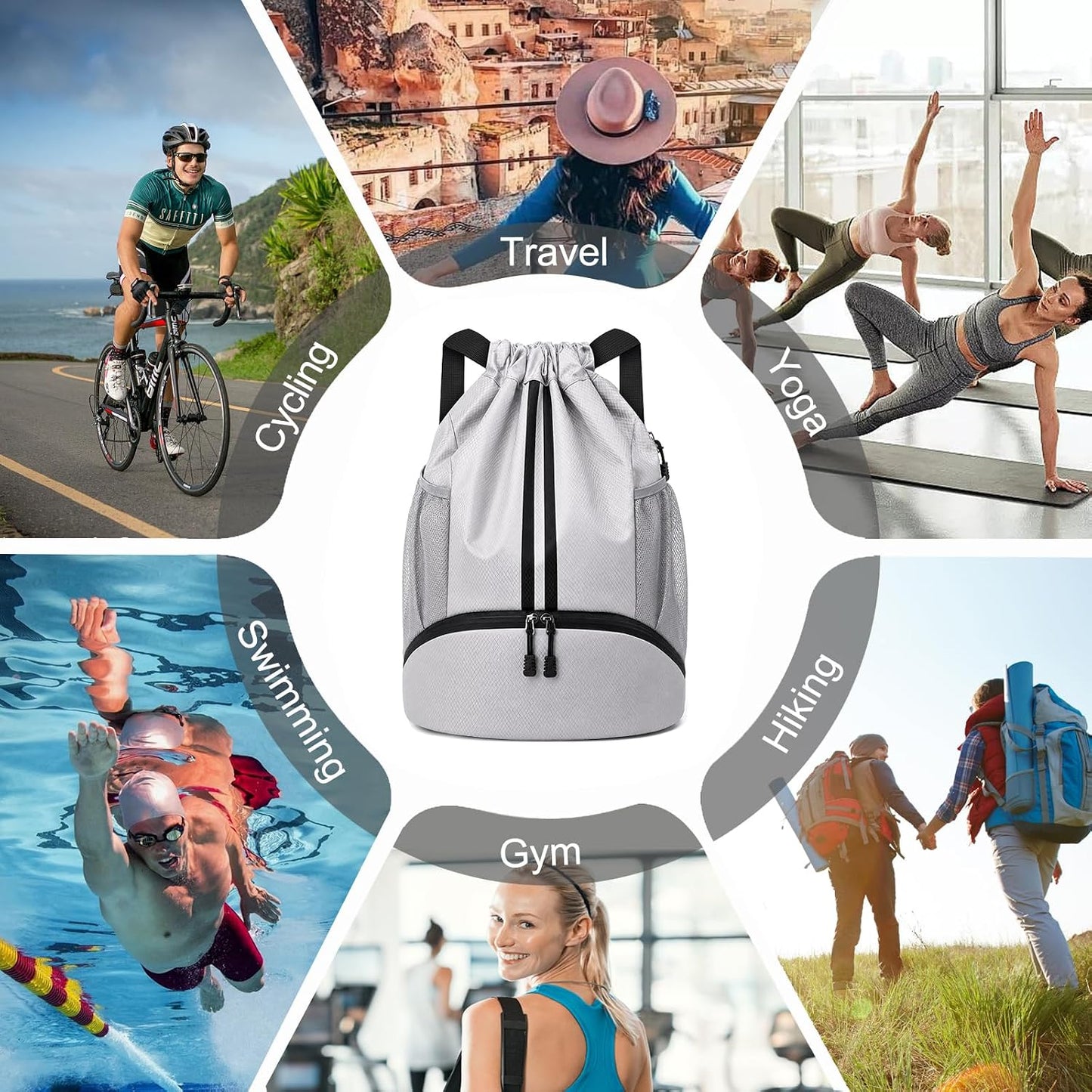 Sports Drawstring Backpack - Swim Gym Bag for Women and Men | String Bag with Shoes Compartment & Wet Proof Pocket, Adjustable Wider Shoulder Strap, For Soccer, Basketball