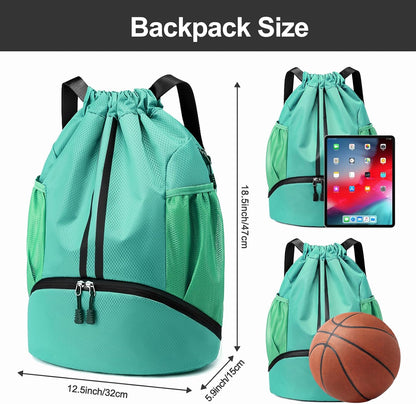 Sports Drawstring Backpack - Swim Gym Bag for Women and Men | String Bag with Shoes Compartment & Wet Proof Pocket, Adjustable Wider Shoulder Strap, For Soccer, Basketball