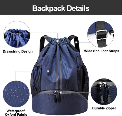 Sports Drawstring Backpack - Swim Gym Bag for Women and Men | String Bag with Shoes Compartment & Wet Proof Pocket, Adjustable Wider Shoulder Strap, For Soccer, Basketball