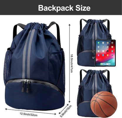 Sports Drawstring Backpack - Swim Gym Bag for Women and Men | String Bag with Shoes Compartment & Wet Proof Pocket, Adjustable Wider Shoulder Strap, For Soccer, Basketball