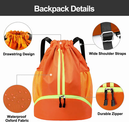 Sports Drawstring Backpack - Swim Gym Bag for Women and Men | String Bag with Shoes Compartment & Wet Proof Pocket, Adjustable Wider Shoulder Strap, For Soccer, Basketball