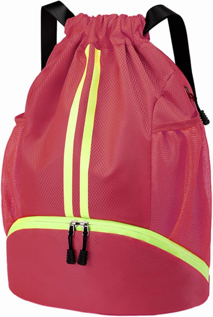Sports Drawstring Backpack - Swim Gym Bag for Women and Men | String Bag with Shoes Compartment & Wet Proof Pocket, Adjustable Wider Shoulder Strap, For Soccer, Basketball