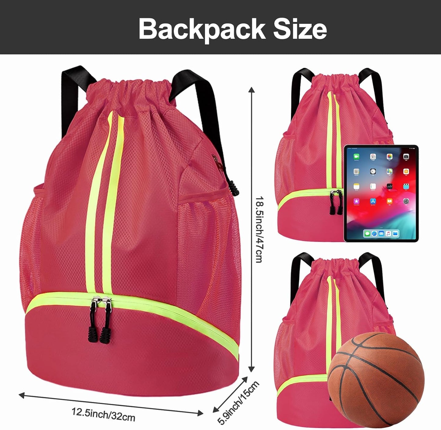 Sports Drawstring Backpack - Swim Gym Bag for Women and Men | String Bag with Shoes Compartment & Wet Proof Pocket, Adjustable Wider Shoulder Strap, For Soccer, Basketball