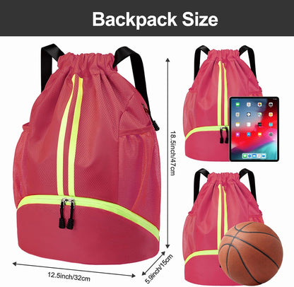 Sports Drawstring Backpack - Swim Gym Bag for Women and Men | String Bag with Shoes Compartment & Wet Proof Pocket, Adjustable Wider Shoulder Strap, For Soccer, Basketball