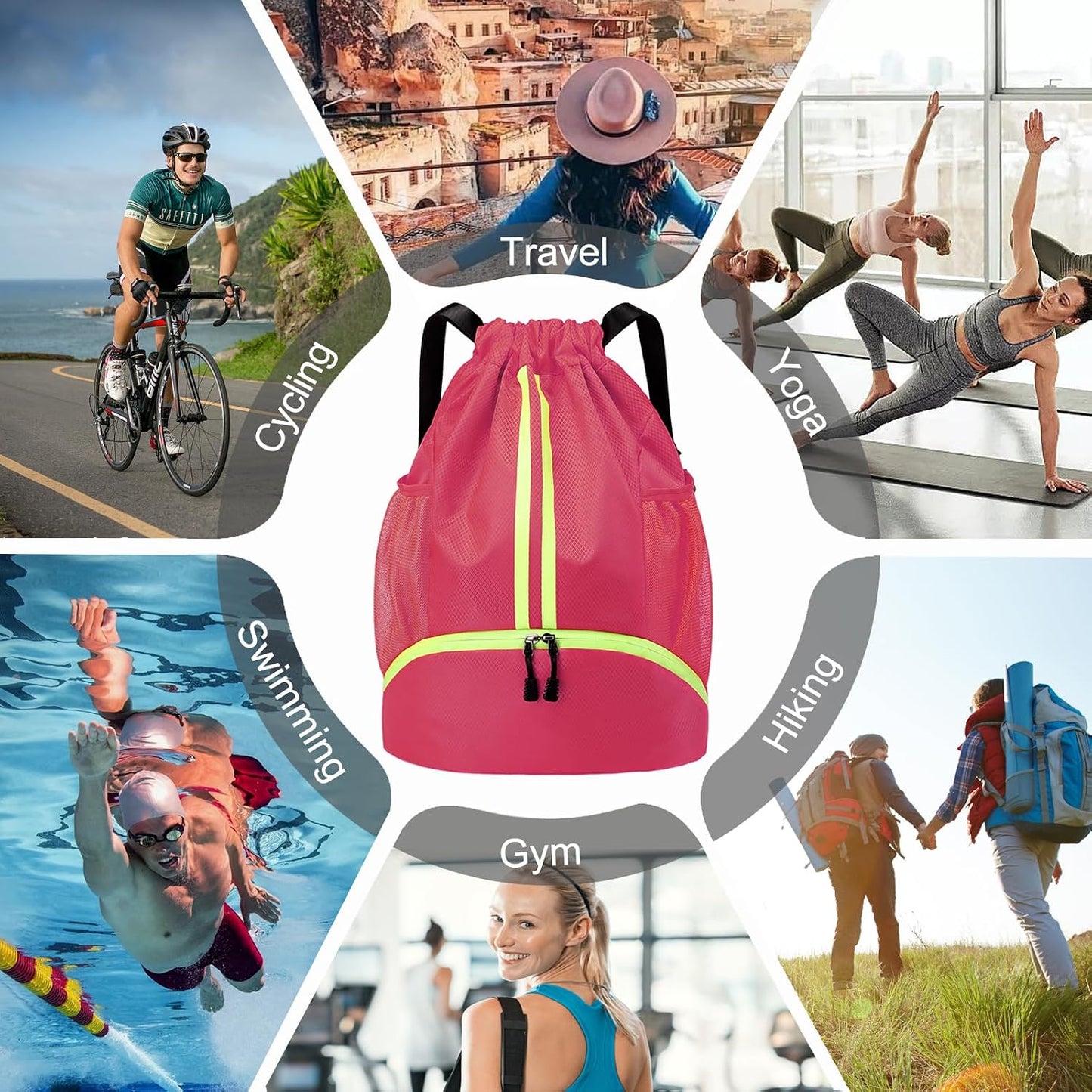Sports Drawstring Backpack - Swim Gym Bag for Women and Men | String Bag with Shoes Compartment & Wet Proof Pocket, Adjustable Wider Shoulder Strap, For Soccer, Basketball