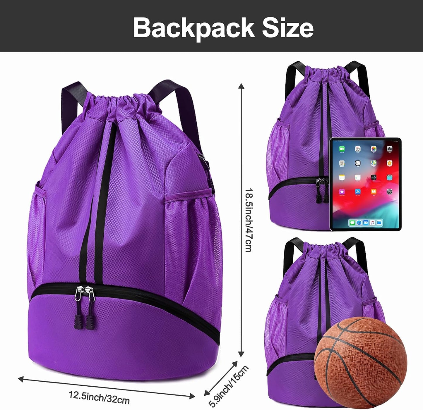 Sports Drawstring Backpack - Swim Gym Bag for Women and Men | String Bag with Shoes Compartment & Wet Proof Pocket, Adjustable Wider Shoulder Strap, For Soccer, Basketball
