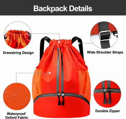 Sports Drawstring Backpack - Swim Gym Bag for Women and Men | String Bag with Shoes Compartment & Wet Proof Pocket, Adjustable Wider Shoulder Strap, For Soccer, Basketball