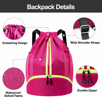 Sports Drawstring Backpack - Swim Gym Bag for Women and Men | String Bag with Shoes Compartment & Wet Proof Pocket, Adjustable Wider Shoulder Strap, For Soccer, Basketball