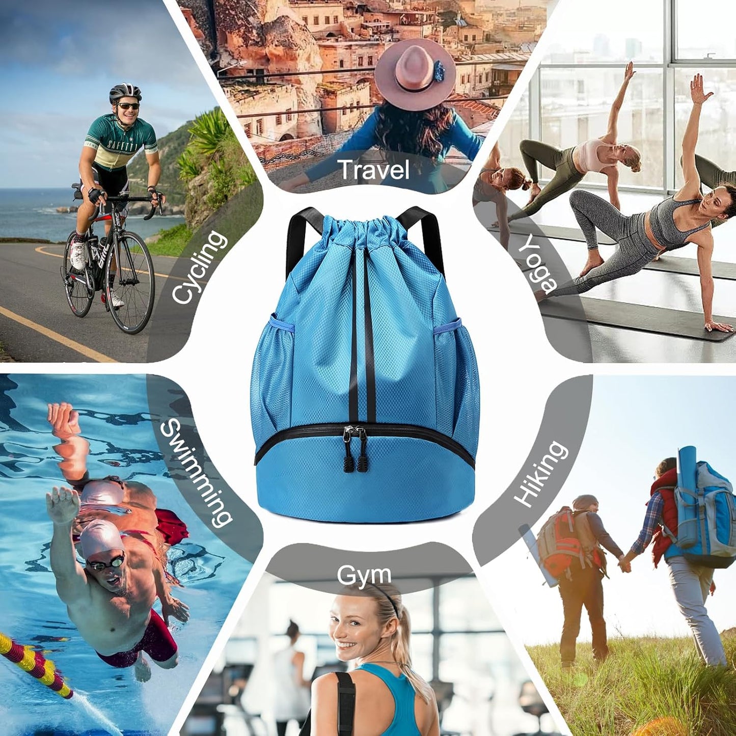 Sports Drawstring Backpack - Swim Gym Bag for Women and Men | String Bag with Shoes Compartment & Wet Proof Pocket, Adjustable Wider Shoulder Strap, For Soccer, Basketball