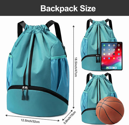 Sports Drawstring Backpack - Swim Gym Bag for Women and Men | String Bag with Shoes Compartment & Wet Proof Pocket, Adjustable Wider Shoulder Strap, For Soccer, Basketball