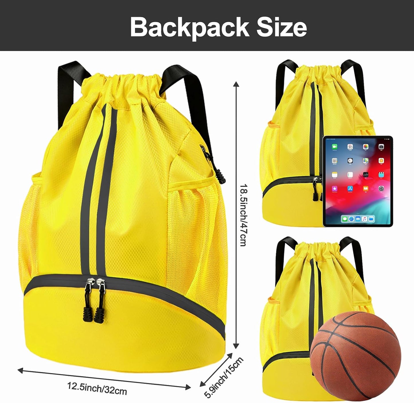 Sports Drawstring Backpack - Swim Gym Bag for Women and Men | String Bag with Shoes Compartment & Wet Proof Pocket, Adjustable Wider Shoulder Strap, For Soccer, Basketball