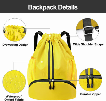 Sports Drawstring Backpack - Swim Gym Bag for Women and Men | String Bag with Shoes Compartment & Wet Proof Pocket, Adjustable Wider Shoulder Strap, For Soccer, Basketball