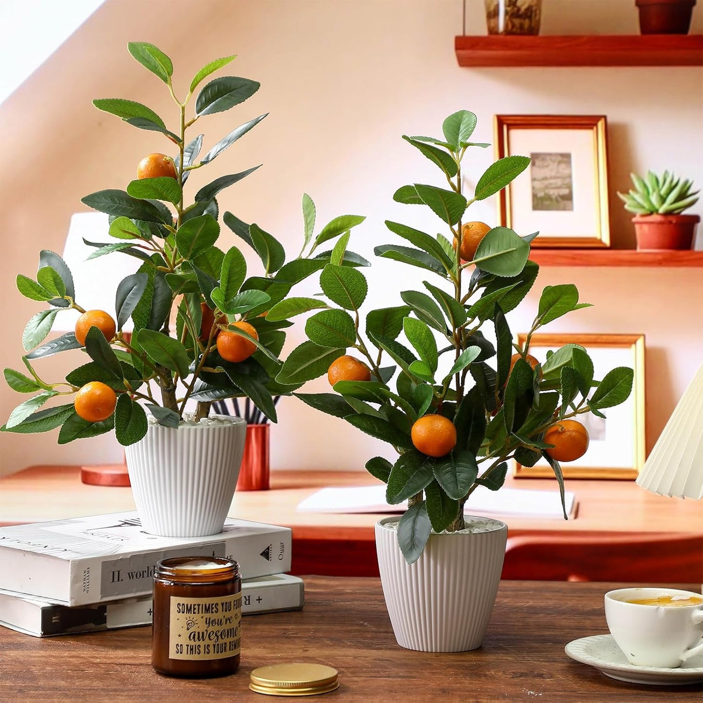 2 Pack Artificial Peach Potted Plants 21.65 Inches Fake Peach Tree Simulation Realistic Fruit Plant with Pot Faux Tree Indoor Decoration for Home Office Living Room Table Desk