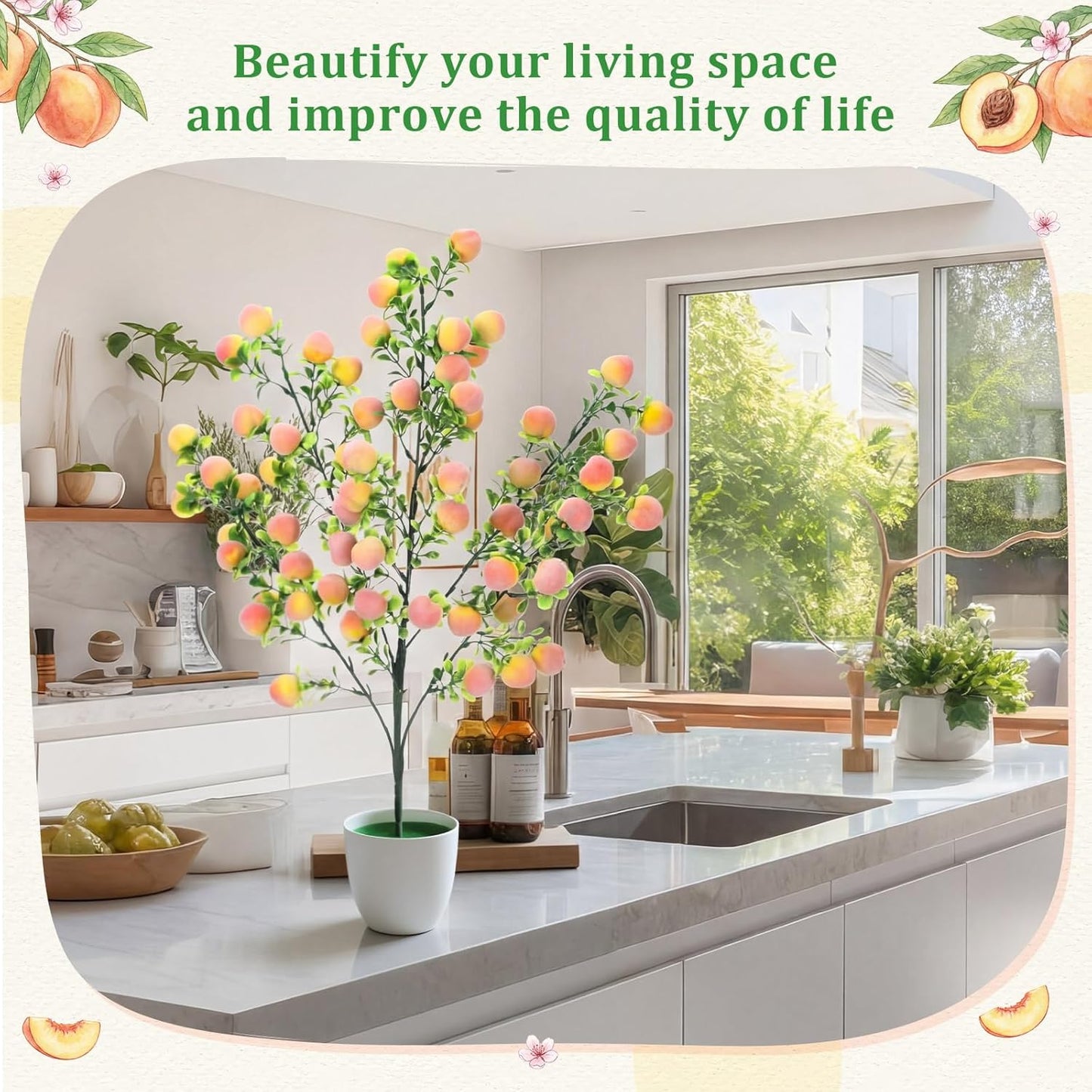 2 Pack Artificial Peach Potted Plants 21.65 Inches Fake Peach Tree Simulation Realistic Fruit Plant with Pot Faux Tree Indoor Decoration for Home Office Living Room Table Desk