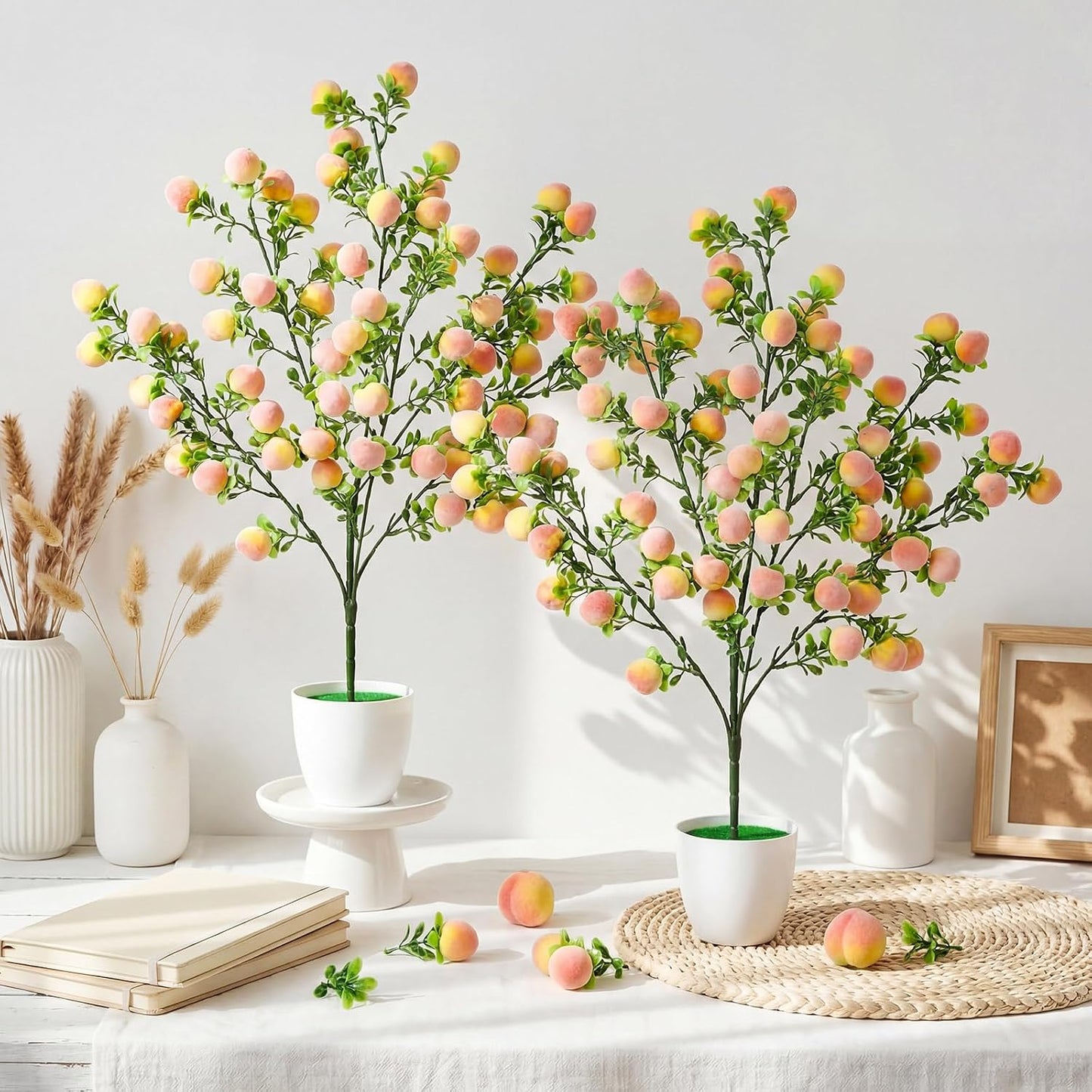 2 Pack Artificial Peach Potted Plants 21.65 Inches Fake Peach Tree Simulation Realistic Fruit Plant with Pot Faux Tree Indoor Decoration for Home Office Living Room Table Desk