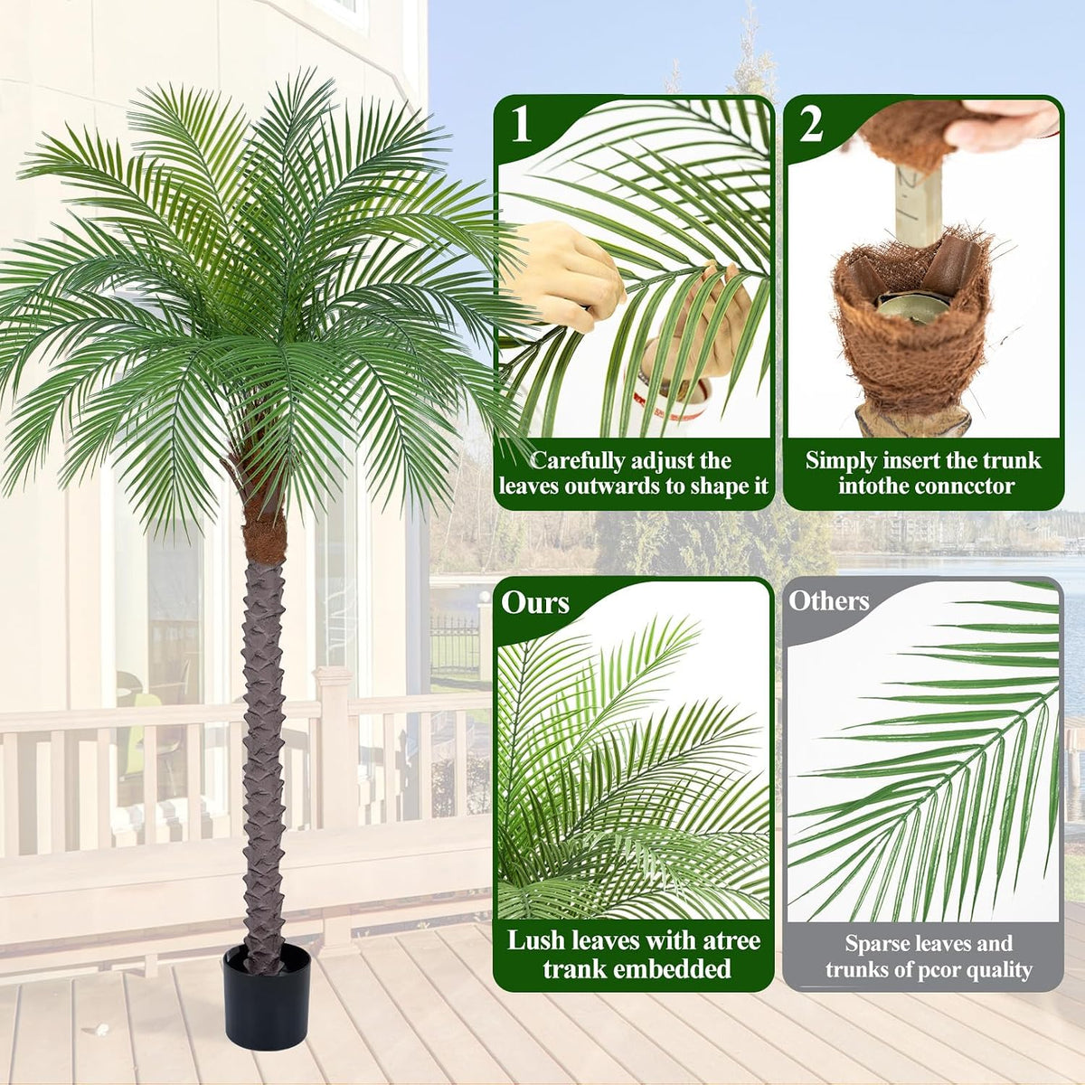 9ft Artificial Phoenix Palm Tree Tall Artificial Palm Trees with 21 Adjustable Leaves,Faux Phoenix Palm Plants for Outside Patio Pool Home Office Living Room Yard (2Pcs, 9ft)