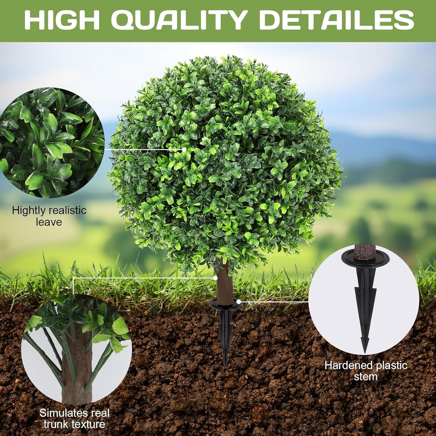 Artificial Red Eucalyptus Topiary Ball Tree 24" with Ground Spike, Set of 2 Artificial Boxwood Bushes for Faux Shrubs, Fake Evergreen Faux Plant for Indoor Outdoor Garden -UV Resistant–Fade-Proof