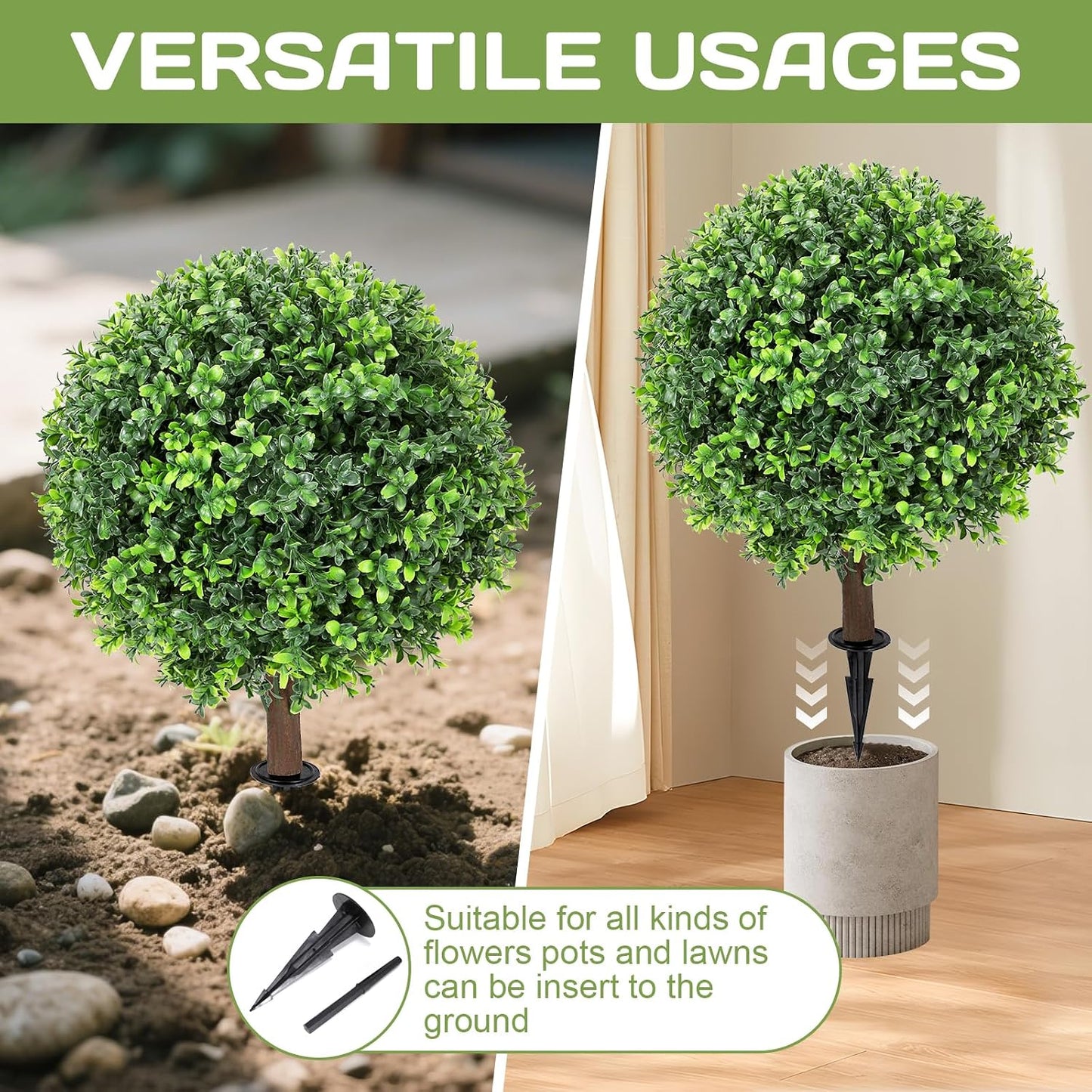 Artificial Red Eucalyptus Topiary Ball Tree 24" with Ground Spike, Set of 2 Artificial Boxwood Bushes for Faux Shrubs, Fake Evergreen Faux Plant for Indoor Outdoor Garden -UV Resistant–Fade-Proof