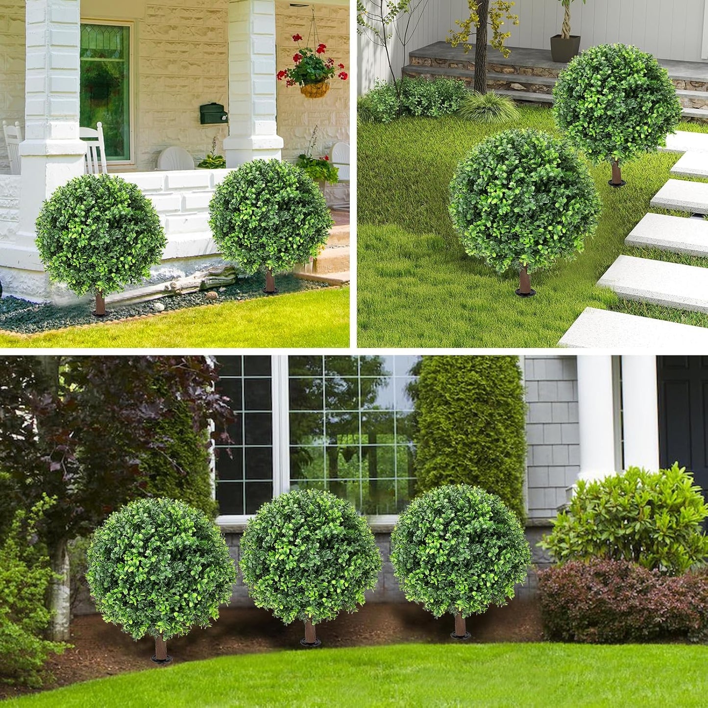 Artificial Red Eucalyptus Topiary Ball Tree 24" with Ground Spike, Set of 2 Artificial Boxwood Bushes for Faux Shrubs, Fake Evergreen Faux Plant for Indoor Outdoor Garden -UV Resistant–Fade-Proof