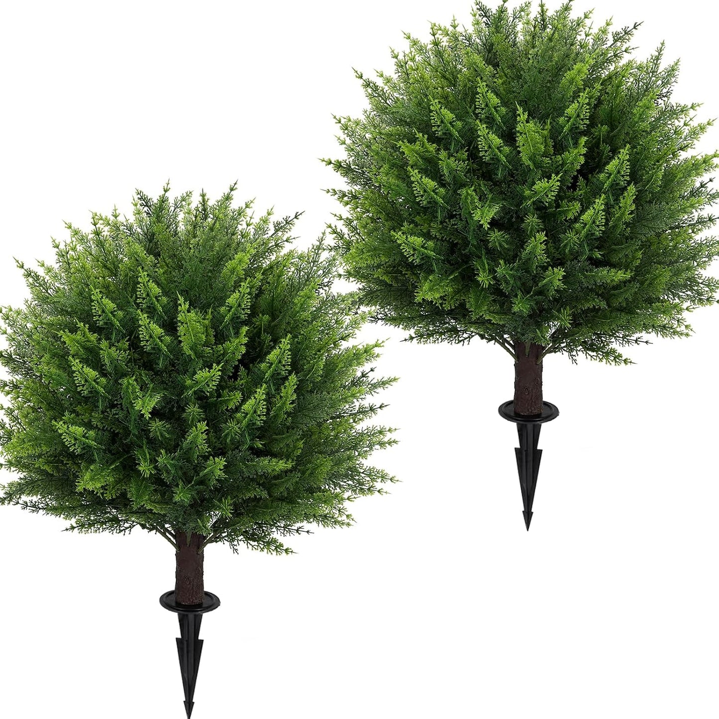 Artificial Red Eucalyptus Topiary Ball Tree 24" with Ground Spike, Set of 2 Artificial Boxwood Bushes for Faux Shrubs, Fake Evergreen Faux Plant for Indoor Outdoor Garden -UV Resistant–Fade-Proof