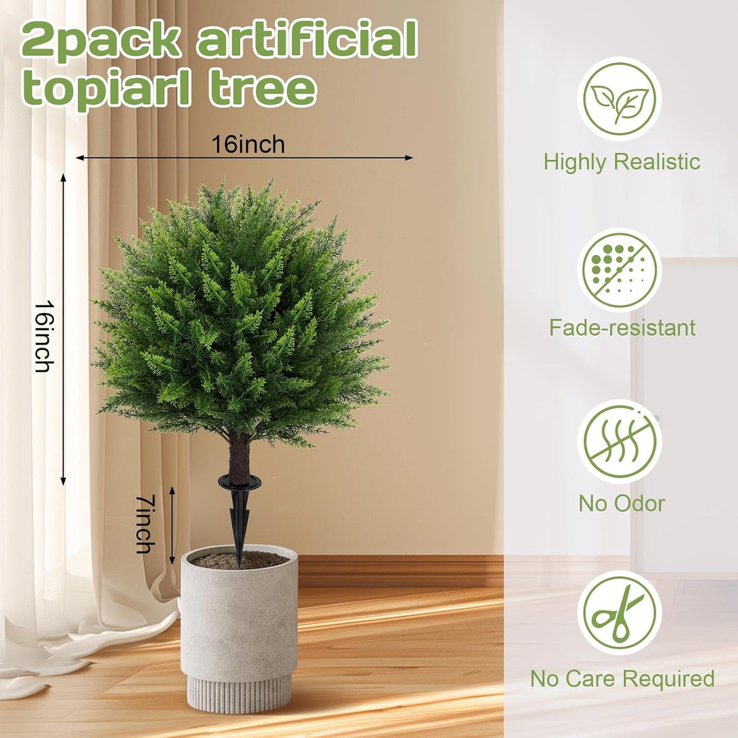 Artificial Red Eucalyptus Topiary Ball Tree 24" with Ground Spike, Set of 2 Artificial Boxwood Bushes for Faux Shrubs, Fake Evergreen Faux Plant for Indoor Outdoor Garden -UV Resistant–Fade-Proof