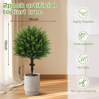 Artificial Red Eucalyptus Topiary Ball Tree 24" with Ground Spike, Set of 2 Artificial Boxwood Bushes for Faux Shrubs, Fake Evergreen Faux Plant for Indoor Outdoor Garden -UV Resistant–Fade-Proof