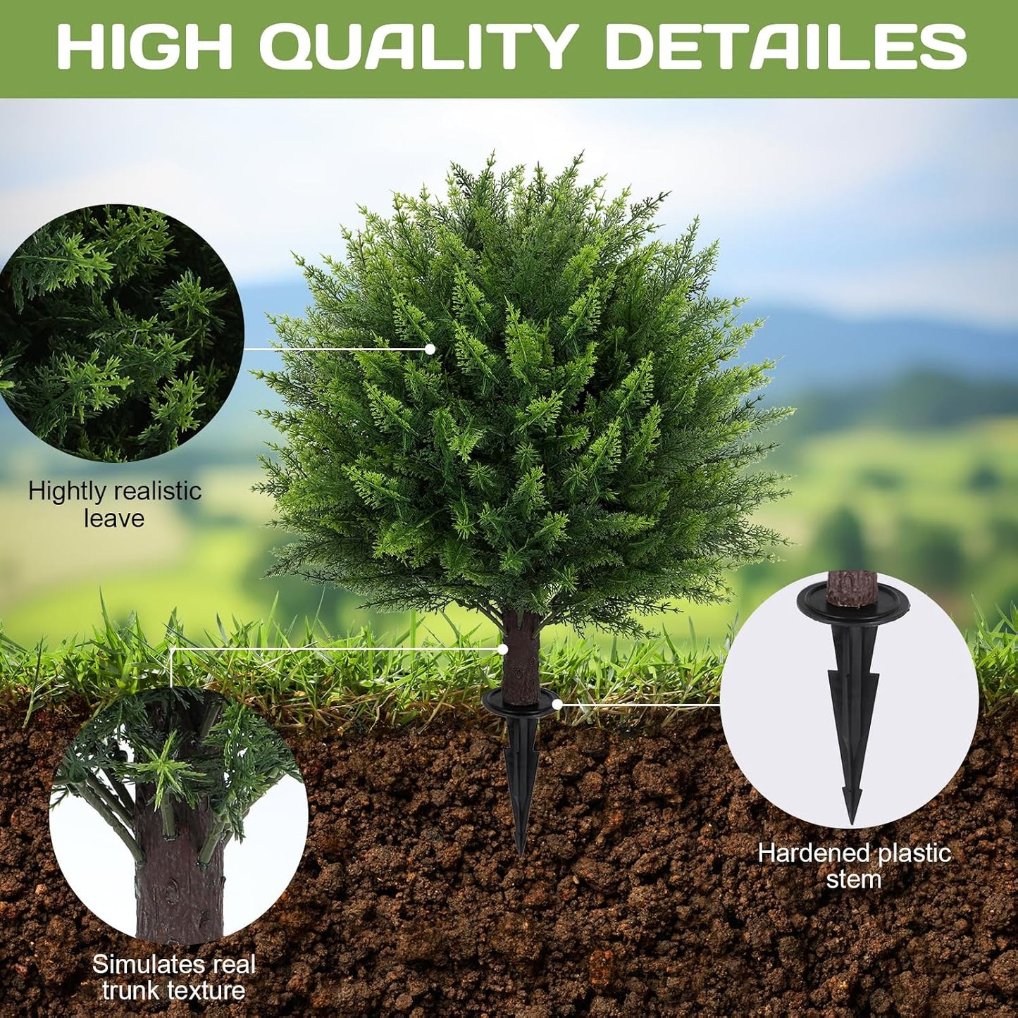 Artificial Red Eucalyptus Topiary Ball Tree 24" with Ground Spike, Set of 2 Artificial Boxwood Bushes for Faux Shrubs, Fake Evergreen Faux Plant for Indoor Outdoor Garden -UV Resistant–Fade-Proof