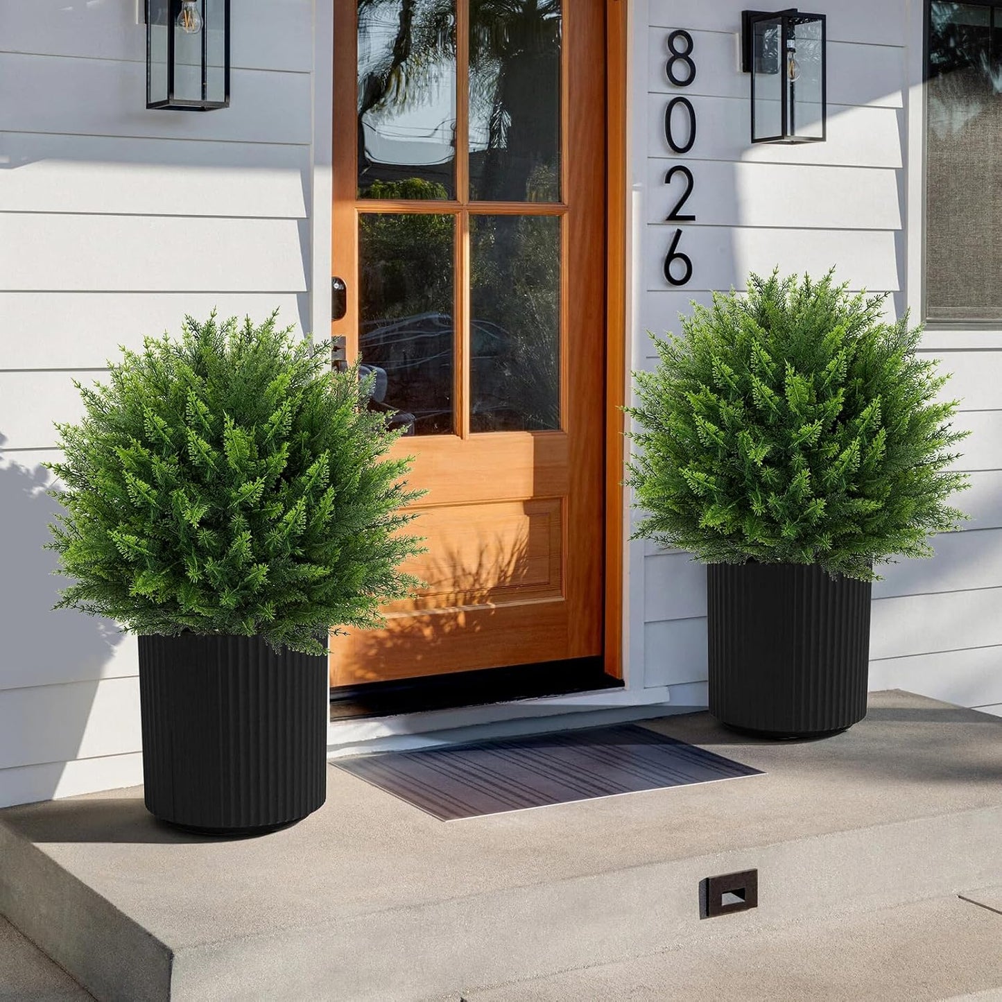 Artificial Red Eucalyptus Topiary Ball Tree 24" with Ground Spike, Set of 2 Artificial Boxwood Bushes for Faux Shrubs, Fake Evergreen Faux Plant for Indoor Outdoor Garden -UV Resistant–Fade-Proof