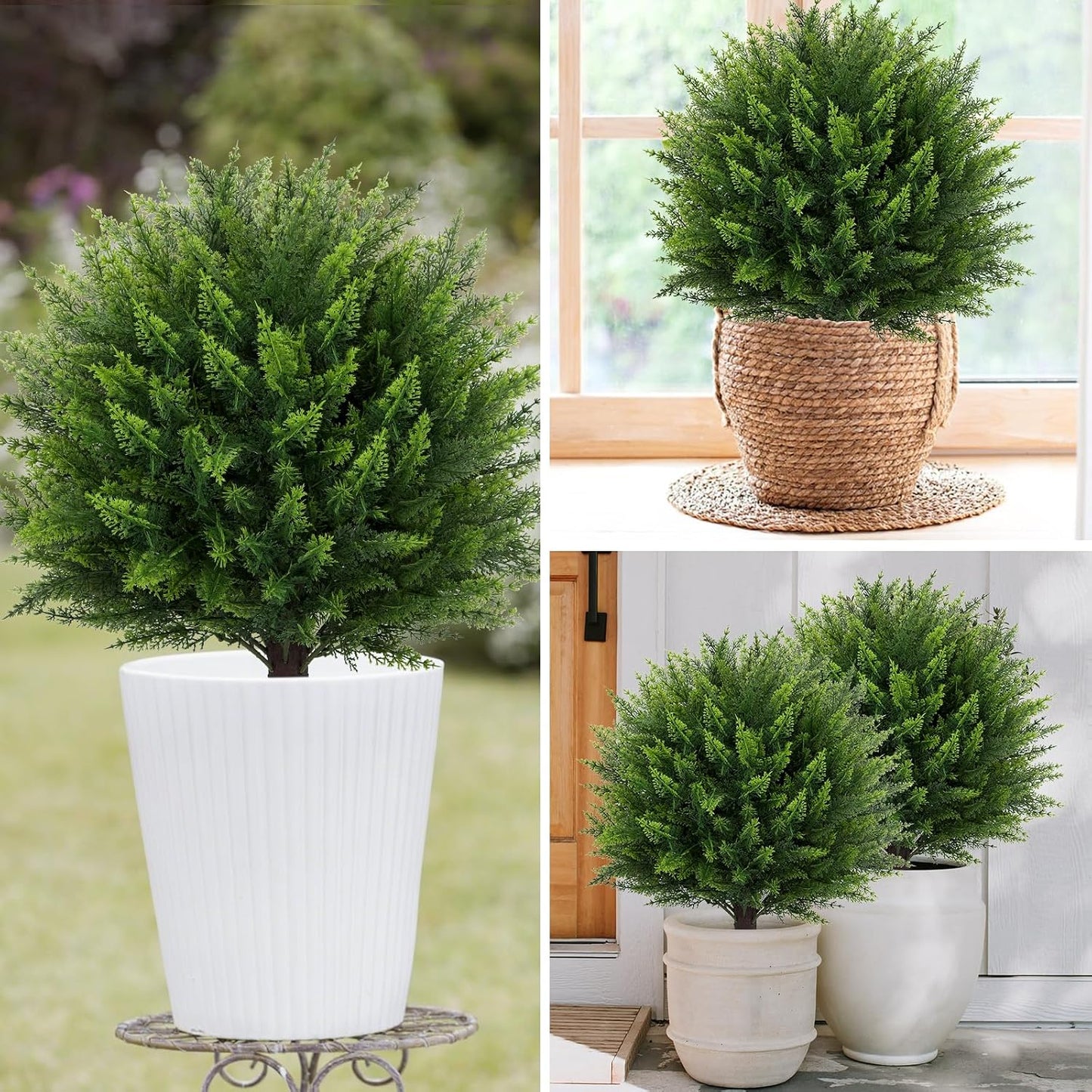 Artificial Red Eucalyptus Topiary Ball Tree 24" with Ground Spike, Set of 2 Artificial Boxwood Bushes for Faux Shrubs, Fake Evergreen Faux Plant for Indoor Outdoor Garden -UV Resistant–Fade-Proof