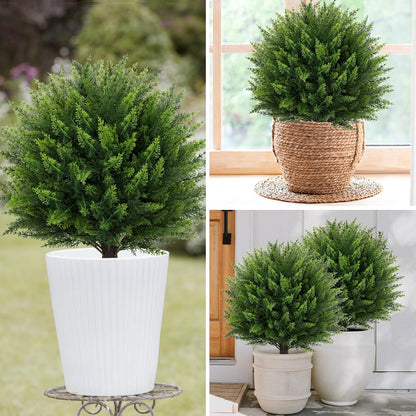 Artificial Red Eucalyptus Topiary Ball Tree 24" with Ground Spike, Set of 2 Artificial Boxwood Bushes for Faux Shrubs, Fake Evergreen Faux Plant for Indoor Outdoor Garden -UV Resistant–Fade-Proof
