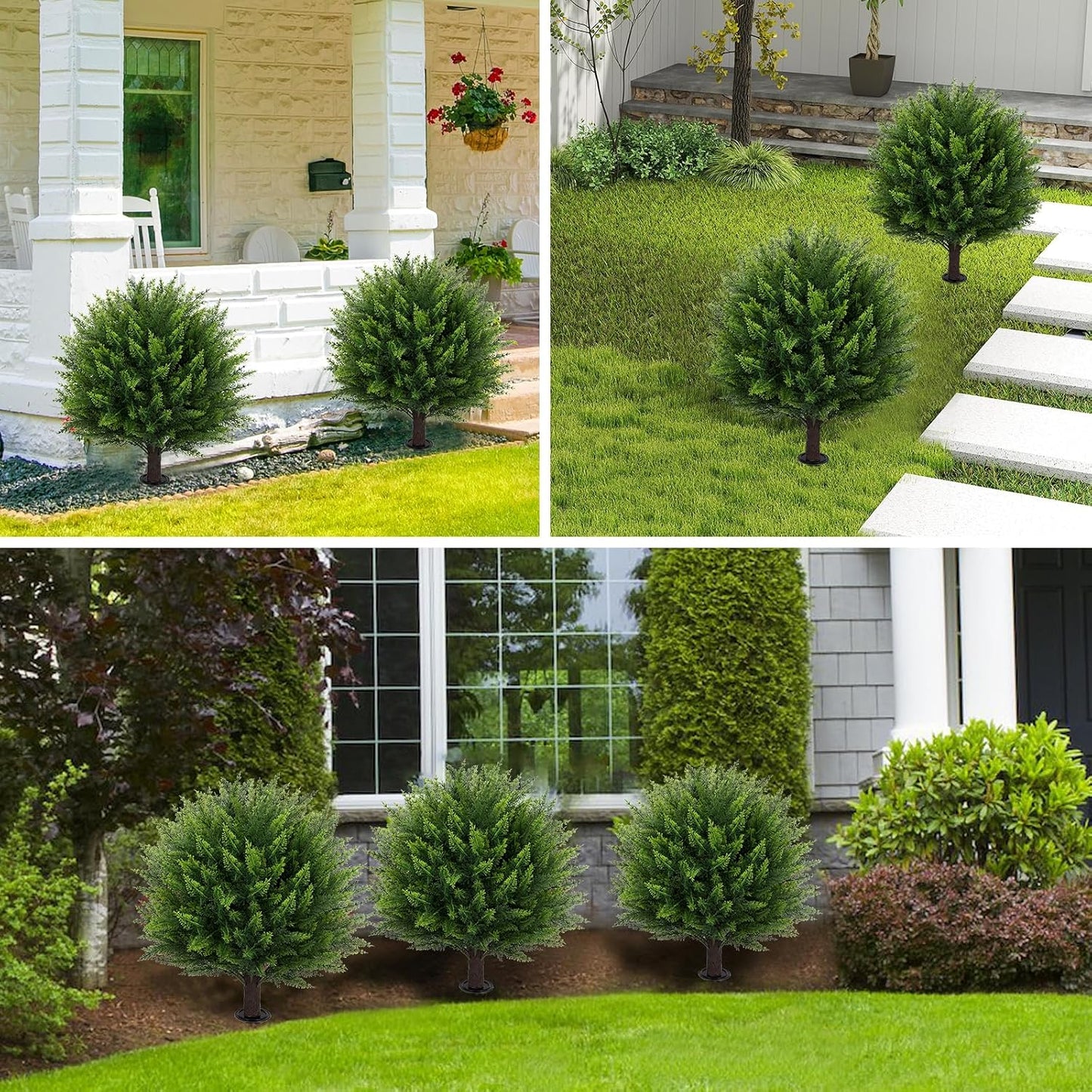Artificial Red Eucalyptus Topiary Ball Tree 24" with Ground Spike, Set of 2 Artificial Boxwood Bushes for Faux Shrubs, Fake Evergreen Faux Plant for Indoor Outdoor Garden -UV Resistant–Fade-Proof