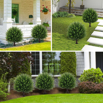 Artificial Red Eucalyptus Topiary Ball Tree 24" with Ground Spike, Set of 2 Artificial Boxwood Bushes for Faux Shrubs, Fake Evergreen Faux Plant for Indoor Outdoor Garden -UV Resistant–Fade-Proof